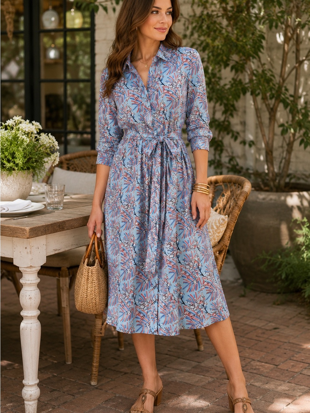 Brooks Brothers Light Blue Floral-Print Shirt Dress with Tie Waist - Picture 2 of 2